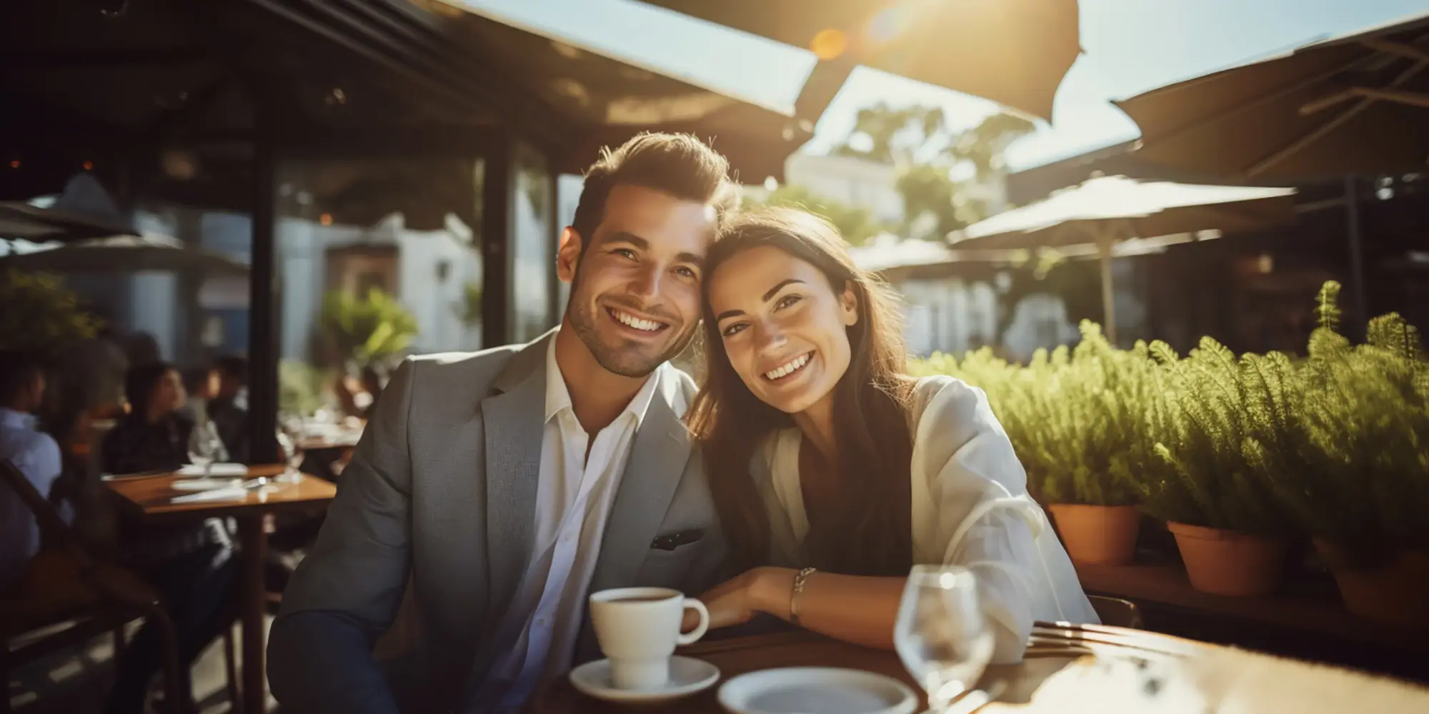 A young couple with Invisalign aligners about to enjoy brunch al fresco