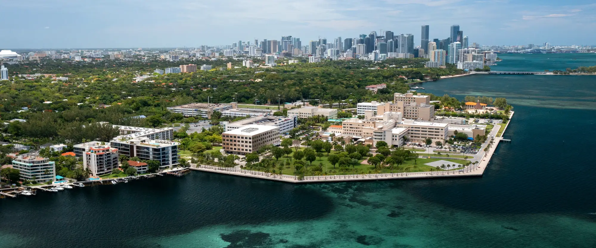 Aerial view of the Mercy Hospital campus on Biscayne Bay, home of Vizcaya Dental Arts