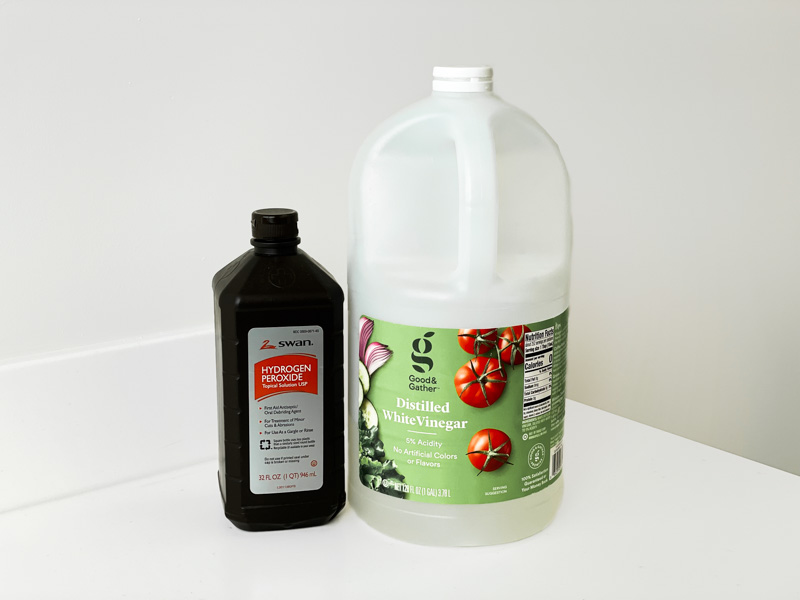 Hydrogen peroxide and white vinegar, two household cleaners sometimes used on aligners